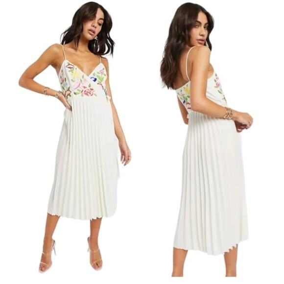 ASOS Women Cream Embroidered Pleated Cami Wrap Midi Dress Size 6 - Picture 2 of 11